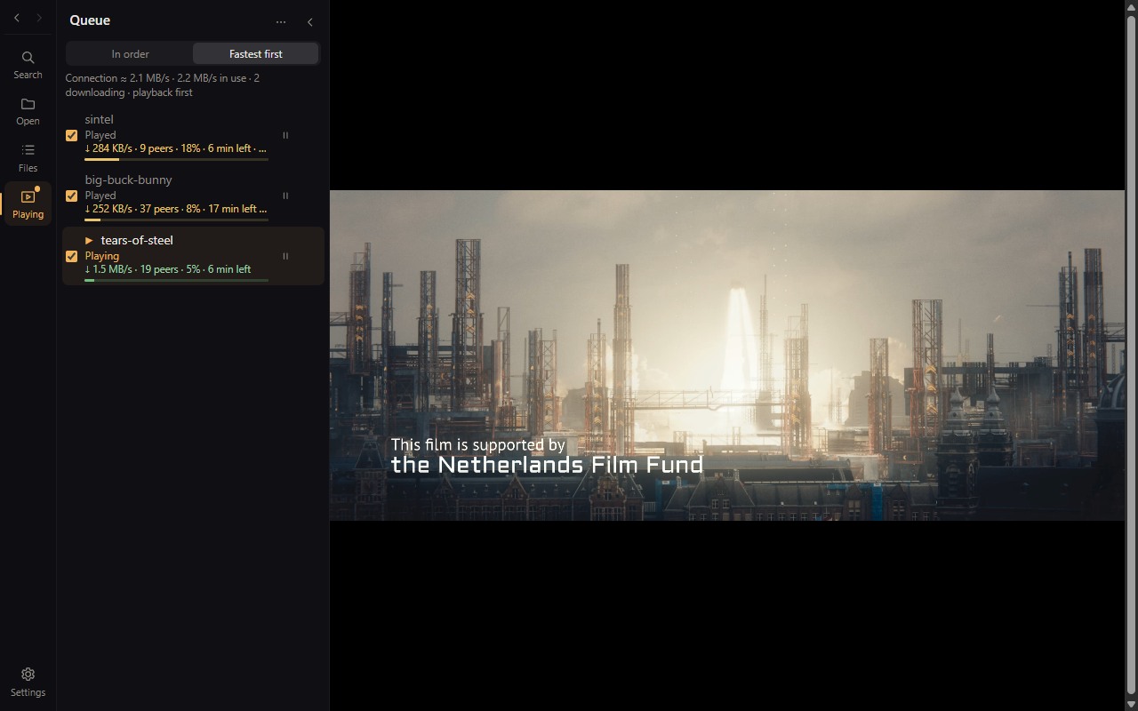 TorrentStream playing the film Tears of Steel while the queue downloads in the background.